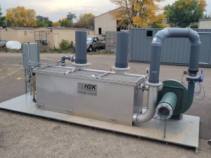 This packaged air stripper skid is capable of high-performance VOC treatment in a compact package