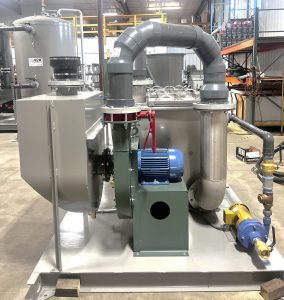 A centrifugal blower supplies air for air stripping removal of VOCs